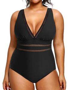 lot 2044 image: Daci Women Black Plus Size One Piece Swimsuits Plunge Sexy V Neck Bathing Suit Hollowed Swimwear 26W - Retail $20