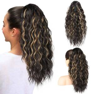 lot 2046 image: SEIKEA 18 Long Claw Highlight Ponytail Extension, PT002 Tia Multi Layered Wavy Fluffy Thick Jaw Clip in Hair Extensions Ponytail Soft Natural Synthetic Hairpiece Dark Brown Natural Blonde Highlights - Retail $13