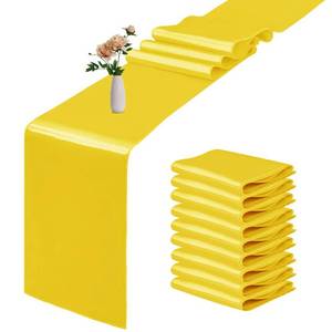 lot 2047 image: 10 Pack Satin Table Runner 12 x 108 Inch Long Yellow Smooth Silk Fabric Table Runner for Birthday Parties Wedding Banquets Decorations. - Retail $23