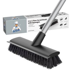lot 2049 image: MR.SIGA Floor Scrub Brush with Long Handle, 2 in 1 Scrubber and Squeegee for Cleaning Bathroom, Patio, Garage, Wall, Tile with Stiff Bristles - Retail $18