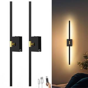 lot 2052 image: iThird Battery Operated Wall Sconces Set of 2 10000mAh Rechargeable Wall Lights with Remote Control, 360° Rotate Wireless Wall Scone Decor for TVMirror Bedroom Living Room, 31.5 Inch, Black - Retail $51