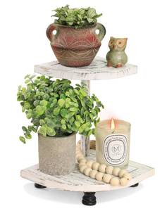 lot 2080 image: Tikea Decorative Wood Riser for Display, 2-Tier Farmhouse Corner Shelf for Kitchen Bathroom Counter Decor, Farmhouse Riser for Soap Dispenser, Decorations and Plant (White) - Retail $18