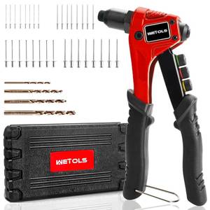 lot 2132 image: WETOLS Pop Rivet Gun Kit with 200 Blind Rivets, Upgraded Manual Single Hand Riveter with 4 Tool-Free Interchangeable Rivet Heads and 4 Drill Bits, Pop Rivet Tool Kit with Sturdy BMC Carrying Case - Retail $38