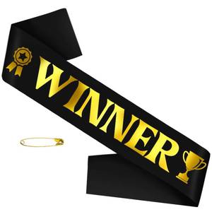 lot 2137 image: SKJIAYEE Winner Sash with Gold Foil, Black Winner Satin Sash Celebrate in Style at Parties, Contests, Sporting Events and Competitions, Beauty Pageant Gold Sashes, Champion, Victor Party Decorations - Retail $7