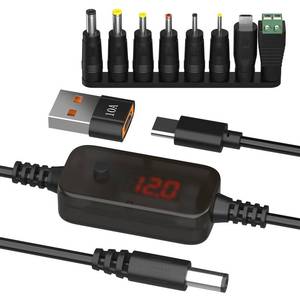 lot 2139 image: DROK LED Display USB to 12V Adapter - DC Voltage Regulator Adjustable 5V9V12V15V20V Boost Converter, 3.28FT1m Step Up Converter with 8 DC Plug and USB Adapter - Retail $10