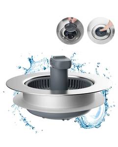 lot 2147 image: Hibbent 3 in 1 Kitchen Sink Drain Strainer and Stopper Combo, Chrome Stainless Steel Wraped Shell, Anti-Clogging Basket Strainer with Foldable Handle for US Standard 3-12 Drain - Retail $10