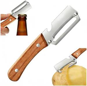 lot 2149 image: Premium Vegetable Peeler with Wooden Handle and Bottle Opener 2-in-1 Stainless Steel Kitchen Tool for Fruit Apple Potato Pumpkin Papaya (1 PCS)