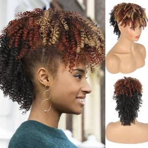 lot 2154 image: Aisaide Ombre Brown Mohawk Wig Afro Curly Mohawk Ponytails for Black Women,Short Brown Mixed Blonde Ombre Mohawk Hair Piece Synthetic Black Ponytail with Bangs Clip in Frohawk Ponytail 23027 - Retail $18