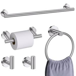 lot 2169 image: Brushed Nickel Bathroom Hardware Accessories Set, 5 Pieces Round Towel Bar Set Toilet Paper Holder Towel Rail Set for Bathroom Stainless Steel Wall Mounted Bathroom Set,23.6 in - Retail $37