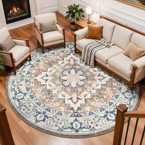 lot 2187 image: Lessymo 8FT Washable Round Area Rugs for Living Room, Non Slip Circle Rugs Low Pile Vintage Carpet for Bedroom, Dining Room, Nursery, Home Office, Brown Beige - Retail $86