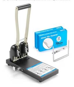 lot 2188 image: Heavy Duty 2 Hole Punch for BinderWorklion Metal Power Two Hole Paper Puncher, 150 Sheets Capacity,2 34(70 mm) Hole Distance, with 100PCS Paper Fasteners - Retail $81