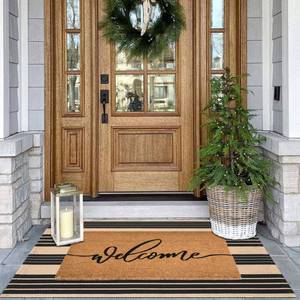 lot 2189 image: Fallovea Welcome Front Door Mats Combo Set, 100% Coco Coir Doormat  28 x 43 Black and Brown Striped Rug, Front Porch Entryway Decor Indoor Outdoor Summer Mats - Retail $40