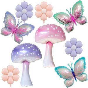 lot 2200 image: 9Pcs Butterfly Balloon Mushroom Balloons and Daisy Flower for Girls Birthday Decor Butterfl Themed Party Supplies Spring Holiday Picnic Decor and Fantasy Fairy Garden Party Wedding Arch Decorations - Retail $12