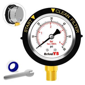 lot 2202 image: AetralYB Pool Filter Pressure Gauge - 304 Stainless Steel Case, IP67 Waterproof, 0-60 PSI, for Swimming Pool Pump, Spa & Aquarium Filter System, Clean Filter Indicator, 2 Dial, 14 NPT Bottom Mount - Retail $8
