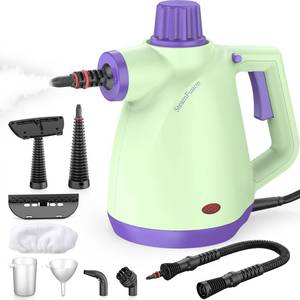 lot 2212 image: 1050W Powerful Steam Cleaner with 9pcs Accessories & Safety Lock, Quick Heating Pressurized Handheld Steam Cleaner for Home, Multi-Surface Steamer Cleaner for Car, Window, Bathroom, Grout and More - Retail $50
