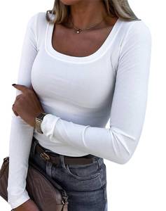 lot 2213 image: Roselux Womens Long Sleeve Scoop Neck Ribbed Knit Fitted Casual Tops Tee Slim Basic Shirts(3924,White-M) - Retail $20