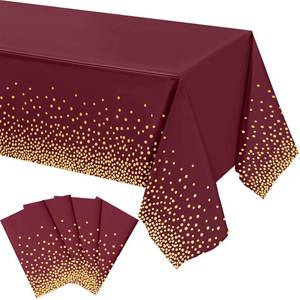 lot 2214 image: Tegeme 4 Packs Burgundy and Gold Plastic Table Cloths for Parties Disposable Maroon Ramadan Mubarak Tablecloths Decoration with Gold Stamping Dot 108 x 54 for Birthday Graduation Ramadan Party - Retail $17