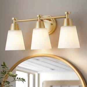 lot 2234 image: SENKERFAN Milk Glass Bathroom Vanity Light Over Mirror, 3 Light Brushed Gold Stainless Steel Wall Mount Modern Vanity Light Fixture with Frosted Glass for Bathroom - Retail $100