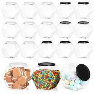 lot 2236 image: Dandat 18 Pcs Plastic Candy Jar Hexagon Shaped Plastic Cookie Container with Lid 28 oz Clear Wide Mouth Storage Display Jar for Cookies Candy Snacks Paper Stars Laundry Dog Treats Gifts Storage - Retail $43