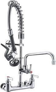 BESTJEEF Commercial Wall Mount Kitchen Sink Faucet Brass Constructed Polished Chrome Pre-Rinse Device 25" Height 8" Center with Spring Pull Down Sprayer and 12" Add-on Spout (25 inches) - Retail: $198