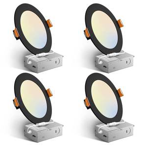 lot 2253 image: Amico 4 Pack 6 Inch Black 5CCT Ultra-Thin LED Recessed Light with Junction Box, 2700K3000K3500K4000K5000K Selectable, 12W Eqv 110W 1050LM Dimmable Canless Wafer Downlight, ETL & FCC - Retail $50