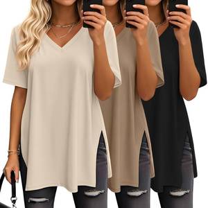 lot 2265 image: Huukeay 3 Pack Oversized Shirts for Women V Neck Workout T Shirt Casual Side Split Tee Short Sleeve Loose Tops Tunic Tops(Black, Coffee, Gray Apricot,XX-Large) - Retail $37