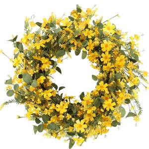 lot 2267 image: JFLORU Artificial Spring Wreath 22 Inch Summer Wreaths for Front Door Yellow Daisy Wreath for Indoor Outdoor Home Decor and Easter Celebration - Retail $26