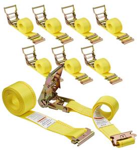 lot 2270 image: 8-Pack E-Track Ratchet Straps, 4,400 LB Breaking Strength, 2 x 15 E-Track Tie Downs-2 Inch x 11.4 Foot E Track Straps with 4 Foot Fixed End and Spring E-Fittings Yellow Logistic Ratchet Straps - Retail $50