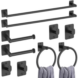 lot 2285 image: KLJKPA 10 Pieces Bathroom Accessories Set, Bathroom Hardware Set, 24 inch Towel Bar, Towel Racks for Bathroom, Robe Towel Hooks, Toilet Paper Holder Wall Mounted, Black - Retail $36
