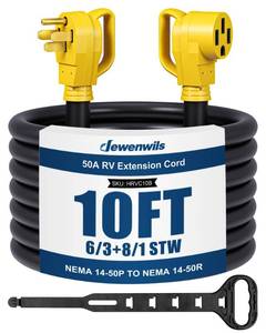 lot 2293 image: DEWENWILS EV RV Extension Cord 50A 10 Feet, NEMA 14-50P to 14-50R Copper Wire, 125250VAC 12500W Heavy Duty EV Power Cord, STW Outdoor Waterproof Power Cable, for RV, Camper, ETL Listed, Yellow - Retail $50