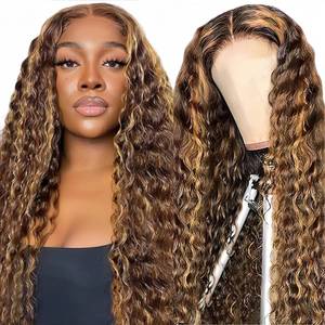 lot 2295 image: PYY Deep Wave Lace Front Wigs Human Hair Highlight Ombre Deep Wave Wig 13x4 HD Transparent Lace Front Pre-Plucked with Baby Hair 427 Colored Wig For Black Women 30 Inch - Retail $120
