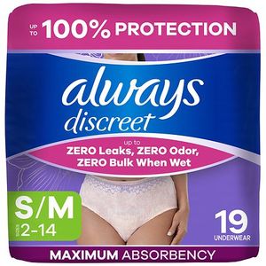lot 146 image: Always Discreet Adult Postpartum Incontinence Underwear for Women - Maximum Protection - SM - 18ct - Retail $14