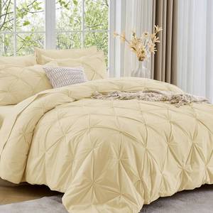 lot 432 image: Sasttie Queen Comforter Set, 7-Piece Bed in a Bag, Pintuck Bedding Sets for All Season, Includes Comforter, Flat Sheet, Fitted Sheet, Pillowcases and Pillowshams, Pale Yellow - Retail $60