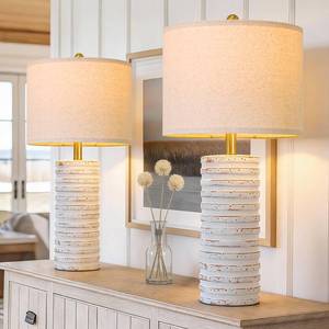 PoKat 27'' Tall Table Lamps for Living Room, Farmhouse Bedside Lamps Set of 2 for Bedroom, Rustic Ceramic Nightstand Lamps with Linen Lampshade Distressed Design for Office Entryway Hallyway (White) - Retail: $100