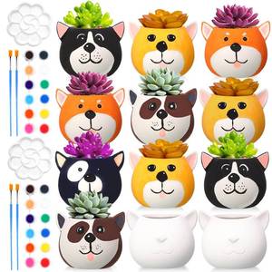 lot 455 image: Pasimy 10 Set DIY Ceramic Succulent Pots Ready to Paint Your Own Flower Pots Craft Kit Unpainted Bisque with Brush Palette Ceramics to Paint for Family Activity Craft Project Birthday Gift (Cat) - Retail $40