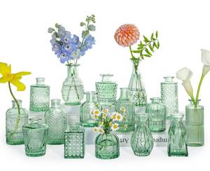 lot 458 image: SUPMIND Glass Bud Vase Set, 16pcs Small Green Flower Vases for Table Centerpieces in Bulk, Mini Vintage Vase for Wedding, Home, Table Decoration - Retail $33