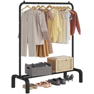 lot 462 image: JIUYOTREE Metal Clothing Rack, 43.3 Inches Garment Rack with Bottom Shelf for Hanging Clothes, Coats, Skirts, Shirts, Sweaters, Black
