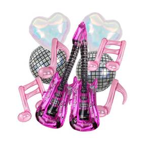 lot 504 image: SYNUO Music Party Decoration Music Note Balloon Disco Balloon Guitar Foil Balloon Concert Party Dcoration, 30inch, Pink - Retail $10