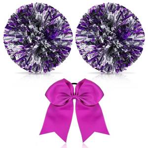 lot 536 image: Hanaive 3 Pcs Cheerleading Pom Poms and Large Cheerleader Hair Bow Metallic Cheer supplies for Team Spirit Sports Dance Cheering(Purple Mixed Silver,Classic Style) - Retail $10
