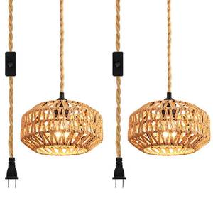 lot 538 image: IHENGYANLT 2 Pack Plug in Pendant Light Rattan Hanging Lamp with Switch,Mini Rattan Boho Semi Flush Mount Ceiling Light,Hand Woven Hallway Light Fixtures for Bedroom Entryway - Retail $34