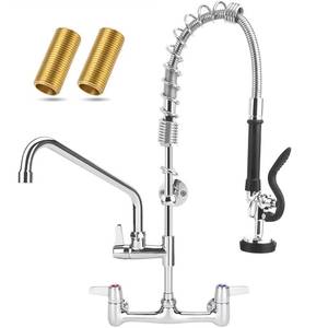 lot 540 image: BZIMAK Commercial Faucet with Sprayer, 25 Inch Height Commercial Sink Faucet Wall Mount with 8 Adjustable Center and 12 Add-on Swing Spout & Pull Down Pre Rinse Sprayer - Retail $153