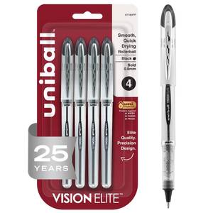 lot 547 image: uniball Vision Elite Rollerball Pens, Bold Point (0.8mm), Black, 4 Pack - Retail $6