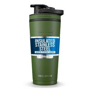 lot 549 image: Ice Shaker Insulated Stainless Steel Shaker Bottle  26oz, Green  Cold for 30 Hours  Insulated Cup with Twist-on Agitator  Odor-Free Bottle for Protein Shakes, Water, Smoothies, Cocktails - Retail $35