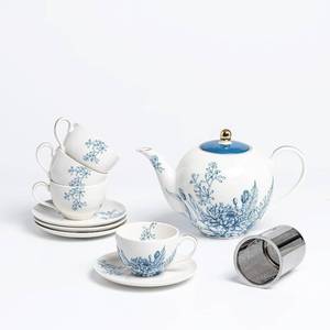 lot 564 image: Pre Owned Tea Sets for Women Gift, Blue Porcelain Tea Set, 37 oz Large Teapot Set with Infuser,Tea Cups and Saucers for 4 in European Style, Tea Gift Sets for Holidays
