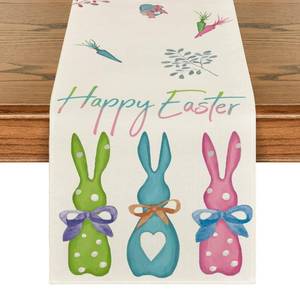 lot 593 image: Artoid Mode Green Blue Pink Rabbit Bunny Happy Easter Table Runner, Spring Seasonal Holiday Kitchen Dining Table Decoration for Home Party Decor 13 x 72 Inch - Retail $10