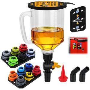 lot 617 image: 18-Piece No Spill Engine Oil Funnel Kit, 1.59QT 1.5L Automotive Coolant Funnel Set, 12 Adapters, Elbow Fitting, Arrow Screen & Magnetic Tray, Compatible with GM, Ford, BMW, Audi, Land Rover Etc - Retail $39