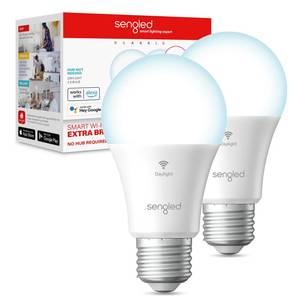 lot 627 image: Sengled Smart Light Bulbs, 100W Equivalent WiFi Light Bulb, 1500LM High Brightness Smart Bulbs That Work with Alexa Google, Dimmable A19 Daylight 5000K Alexa Light Bulb, CRI90, No Hub Required, 2Pack - Retail $30