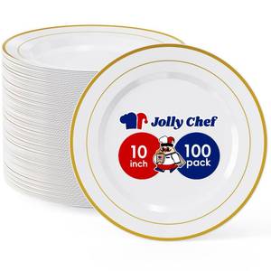 lot 632 image: JOLLY CHEF 100 Pieces Gold Plastic Plates, 10 Inch Elegant Disposable Dinner White with Gold Rim, Disposable Plastic Plates for Christmas, Birthdays and Weddings - Retail $34