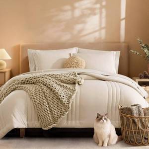 lot 635 image: Monbix Full Size Comforter Sets- 7 Pieces Beige Bed in a Bag Full Size Bedding Sets with Comforters, All Seasons Comforter with Sheets, Pillowcases & Shams - Retail $40