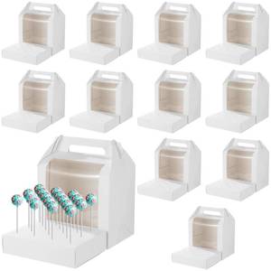 lot 638 image: OMISTAR 12 Pcs White Cake Pop Boxes, 8.7 x 5.9 x 10.6 in Portable Cake Pop Holder Boxes Display Stands with Clear Window, Sturdy Handle, and 18-Hole Base for Lollipop, Candy - Retail $22